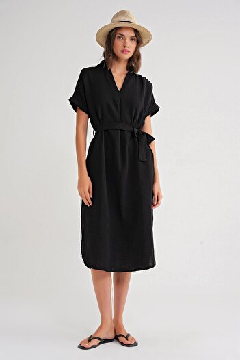Mixray 4720 Women's Pleat Detailed Tie-Up V-Neck Muslin Dress Black