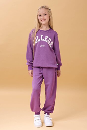 Perendi Girl's Crew Neck Embossed Lettering Detailed 2-Piece Tracksuit Set Without Sharps - Purple