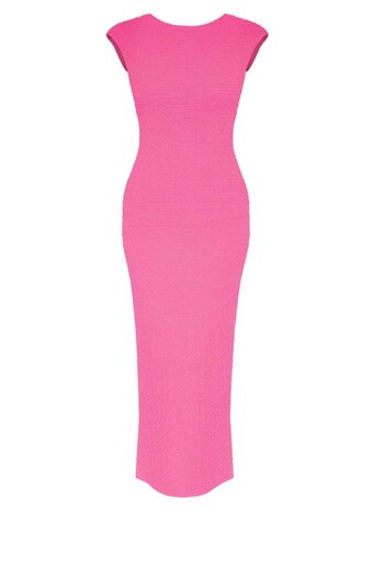 HAKKE Wide neck side gathered zero sleeve seersucker dress