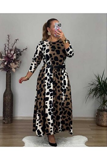 KLEERMAKER Women's Plus Size Cotton Viscose Fabric Stone Pattern Long Sleeve Dress(Belt Is Not Product)