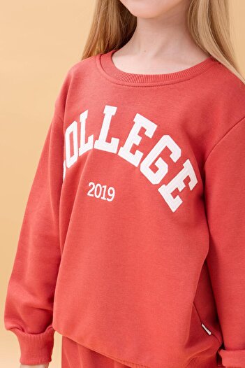Perendi Girl's Crew Neck Embossed Lettering Detailed 2-Piece Tracksuit Set Without Sharps - Tile
