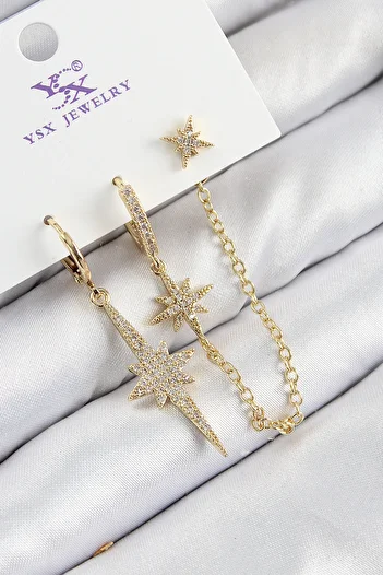SeyCey.co Brass Zircon Stone 3-Pole Star Model Gold Color Women's Earrings