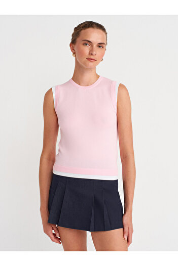 Dilvin 10784 Crew Neck Couple Look Knitwear Blouse-Pink-White