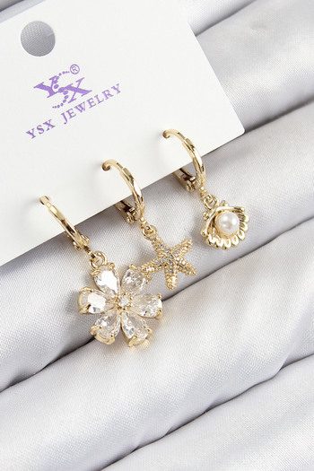 SeyCey.co Brass Zircon Stone 3-Piece Oyster and Flower Model Gold Color Women's Earrings