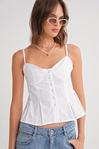Mixray 4737 Women's Buttoned Cup Pleated Blouse White