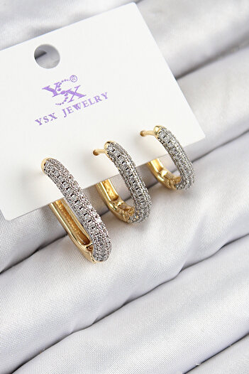 REKA MODA Brass Zircon Stone 3-Piece Oval Rectangular Model Gold and Silver Color Women's Earrings