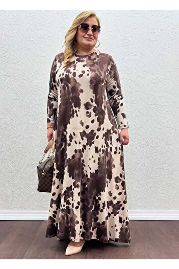 KLEERMAKER Women's Plus Size Cotton Viscose Fabric Long Sleeve Coffee-Beige Dress