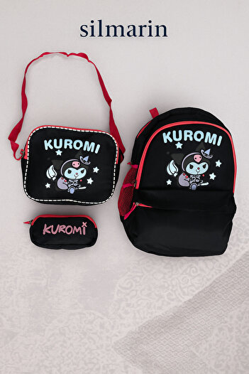 Silmarillion Children's School Set Comfortable Back Supported 3 Compartment School Bag 3 Piece Kuromi School Bag Set 40*32cm