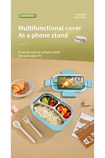 nuzki Stainless Steel Lunch Box 3-Compartment Bento Box with Cutlery, Leakproof, Microwave-Safe, BPA-Free