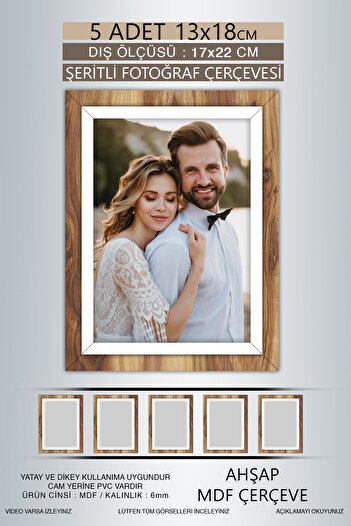 Bytwo 5 Pieces 13X18 Frame - Wooden-White Striped Frame - Mdf Frame - Pvc Photo Frame