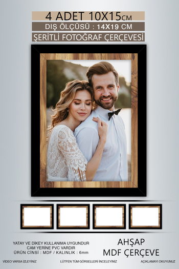 Bytwo 4 Pieces 10X15 Frame - Black Wooden Striped Frame - Mdf Frame - Pvc Photo Frame