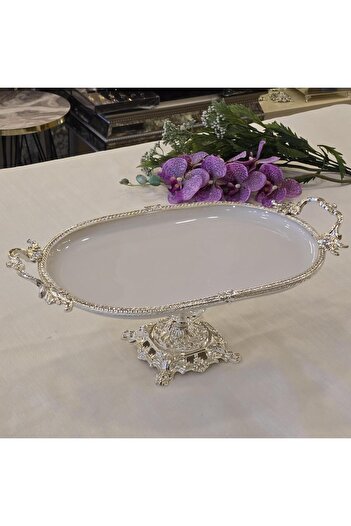AlyaHomeAksesuar Metal Framed Casting Footed Oval Porcelain Serving Plate 25X15 cm Silver