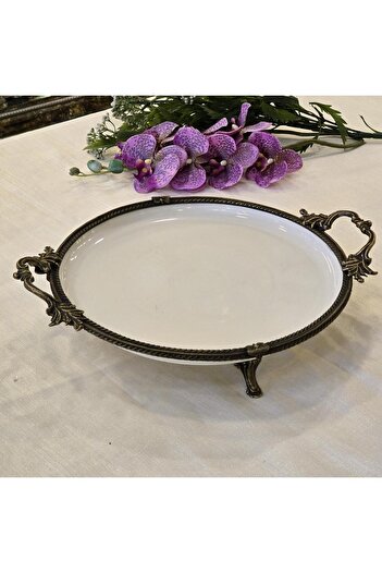 AlyaHomeAksesuar Metal Framed Round Porcelain Serving Plate 26 cm Antique