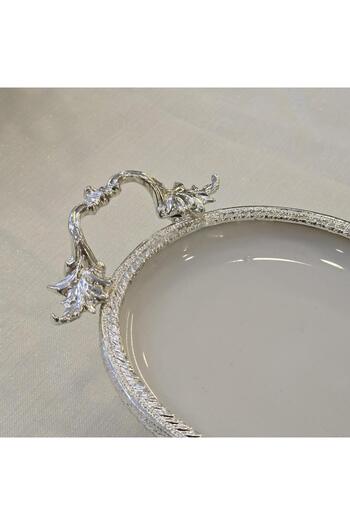 AlyaHomeAksesuar Metal Framed Oval Porcelain Serving Plate 30X16 Silver