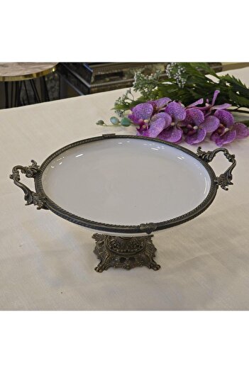 AlyaHomeAksesuar Metal Framed Round Porcelain Serving Plate with Cast Feet 30 cm Antique