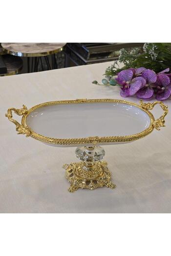 AlyaHomeAksesuar Metal Framed Casting Footed Oval Porcelain Serving Plate 30X16 cm