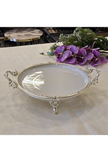AlyaHomeAksesuar Metal Framed Round Porcelain Serving Plate 26 cm Silver