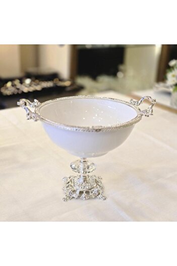 AlyaHomeAksesuar 26 cm Porcelain Salad Bowl with Cast Metal Frame Silver
