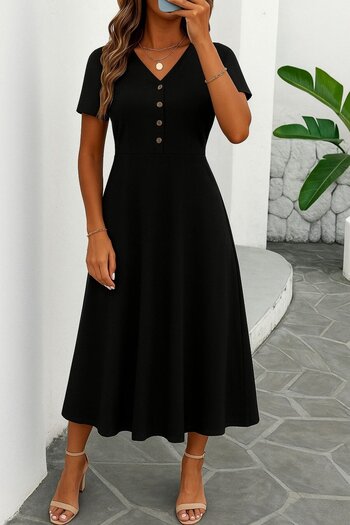 Viyamo Women's short sleeve v neck front button Slit midi viscose dress