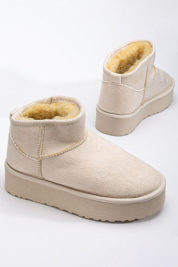 moun shoes Μίνι μπεζ σουέντ γούνινες γυναικείες μπότες με χοντρή σόλα