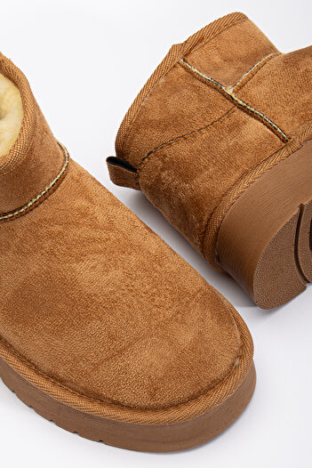 moun shoes Γυναικείες μπότες Mini Tan Suede με γούνα στο εσωτερικό και χοντρή σόλα
