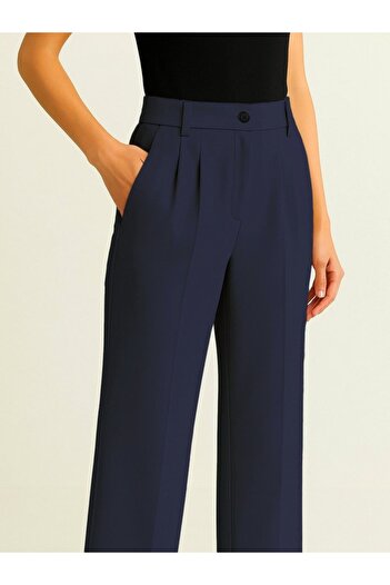 Dorcha Equri̇ Single Button Front Fold Detailed Pocketed Trousers-Navy
