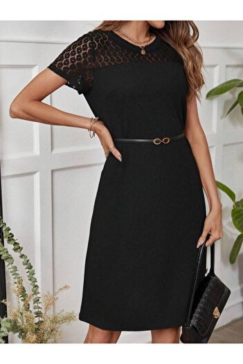 buğrahayalin Women's Short Sleeve Crew Neck Lace Detail Button Modal Dress