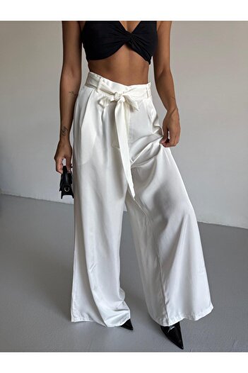 MONAMORE White Front Pleated Belted Loose Cut Satin Trousers