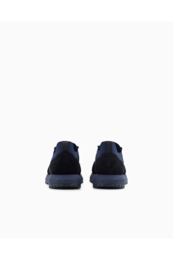 Emporio Armani Erkek Örme ve Süet Detaylı Burunlu Kartal Logolu Yuvarlak Mavi Sneaker EM003739 AF19724-MC038