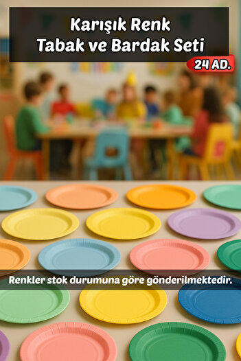 Parti Atölyesi 24 Adet Tabak 24 Adet Bardak Toplam 48 Parça Karışık Renklerde Asorti Parti Piknik Seti