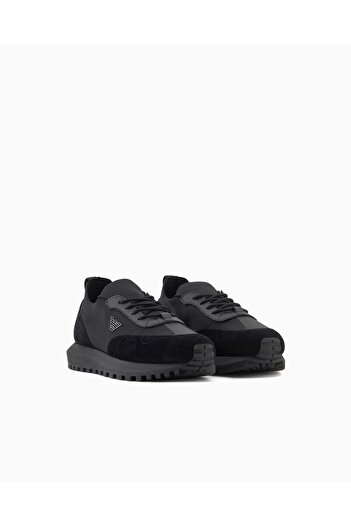Emporio Armani Erkek Örme ve Süet Detaylı Burunlu Kartal Logolu Yuvarlak Siyah Sneaker EM003739 AF19724-MC005