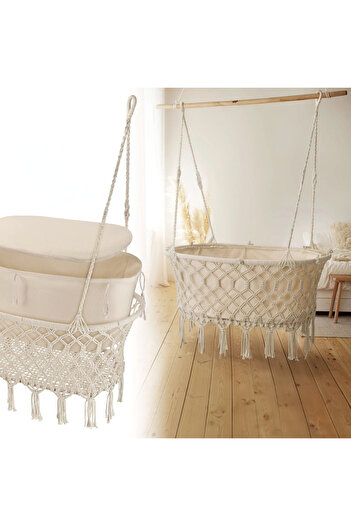 Hanging baby swing, macrame, cream, 95 x 35 x 50 cm