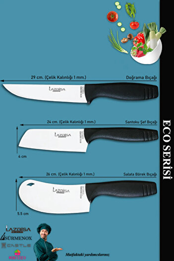 LAZBİSA Eco Serisi Mutfak Bıçak Seti Et Ekmek Sebze Pizza Salata Börek Şef Bıçağı 3 Lü Set ECO-102
