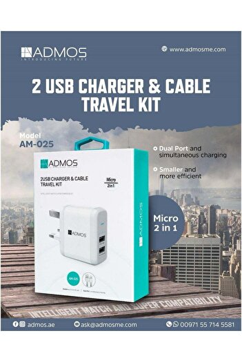 ADMOS 2-in-1 2 USB Charger and Cable Travel Kit Micro AM-025