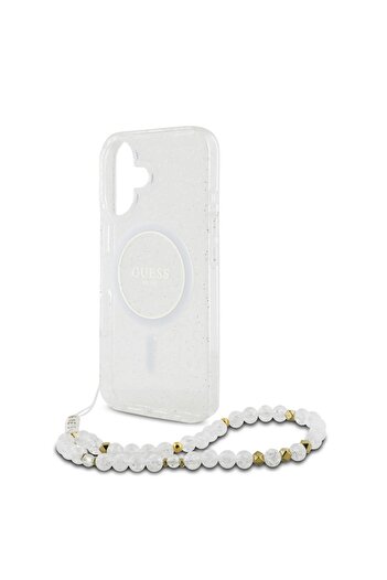 Guess Case for iPhone 16 Plus, IML Glitter with Pearl Strap MagSafe, - Transparent