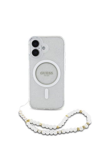 Guess Case for iPhone 16 Plus, IML Glitter with Pearl Strap MagSafe, - Transparent