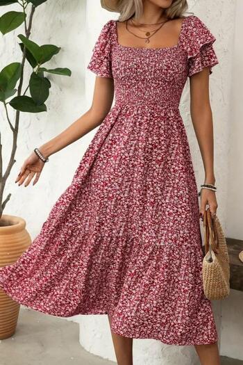 Mossta Square Neck Short Sleeve Gathered Waist Single Jersey Dress - Red