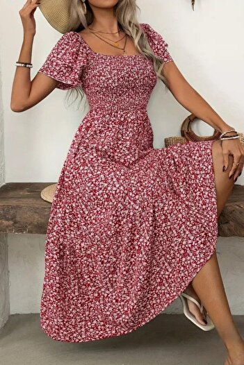 Mossta Square Neck Short Sleeve Gathered Waist Single Jersey Dress - Red