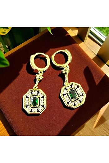 BRZ COLLECTION Vintage Emerald Green Stone Earrings – Gold Color Dangle, Crystal Detail |   Art Deco Style Women's Jewelry