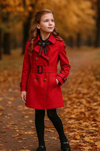 HÇ Hülya Çelik KİDSWEAR 2018 Girl's Trench Coat Red Trench Coat