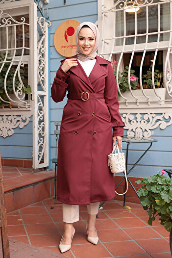 N.S NEVA STYLE Burgundy Hijab Trench Coat with Buckle Belt 5942Br