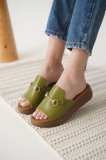 Zerenyus Nelly Premium Khaki Green Genuine Leather Slippers