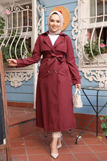 N.S NEVA STYLE Buttoned Burgundy Hijab Trench Coat 6103Br