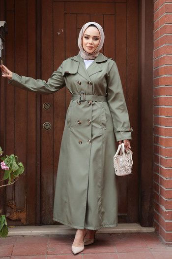 N.S NEVA STYLE Buttoned Light Khaki Hijab Trench Coat 7261Ahk