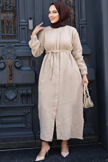 N.S NEVA STYLE Buttoned Beige Hijab Tunic 19045Bej