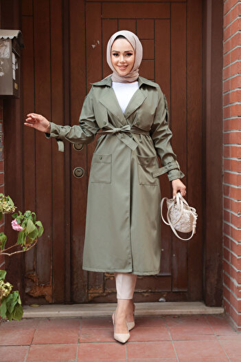 N.S NEVA STYLE Belted Khaki Hijab Trench Coat 10701Hk