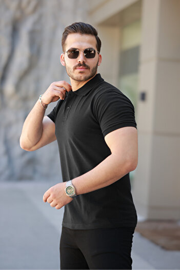 COMBİNE MİCHAİL Men's Basic Short Sleeve Black Polo Neck T-Shirt