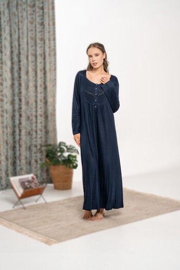 Pelin Women's Navy Blue Battal (Large Size) Lace Detailed Patched Lycra Nightdress