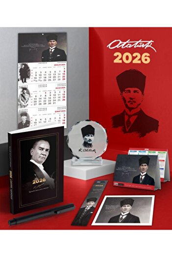 Mor kelebek 2026 Ататюрк Гази Паша Дневник - Гази стенен календар - Настолен календар - Химикалка и кристален портрет
