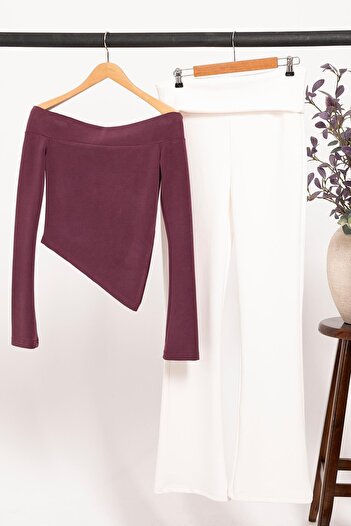FOR YOU MODA Cupra Fabric Waist Curving Detail Women's Bottom Top Set |   Burgundy Cream